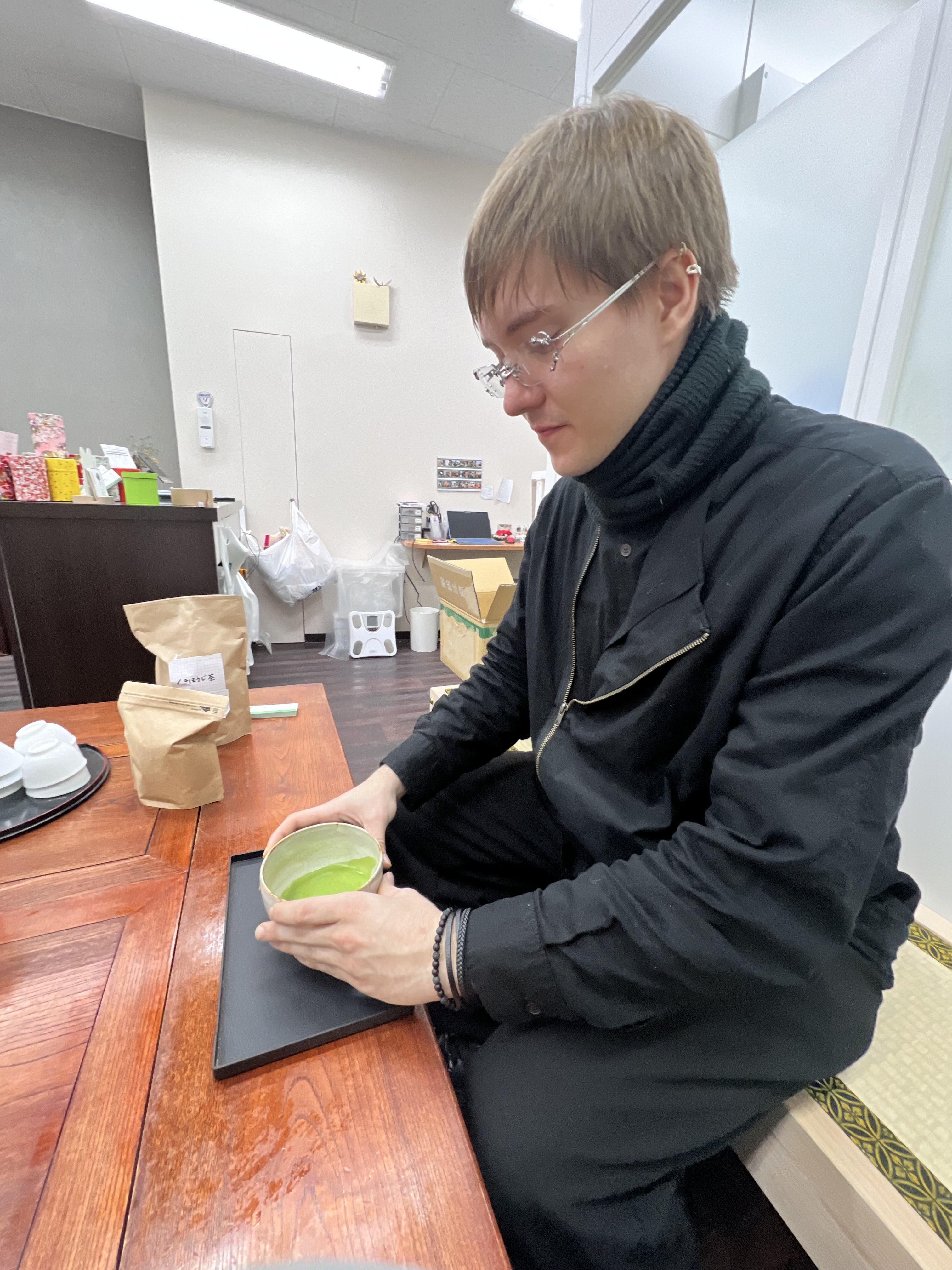 Conrad tasting matcha at the Uji farm, Japan 2025